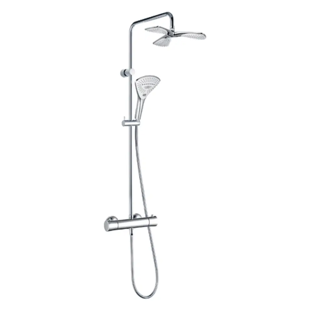 Thermostat-Duschsystem von Kludi mit zwei Duschköpfen, einem oberen Regenduschkopf und einem Handbrause-Element, in verchromtem Finish montiert an einer Wand.